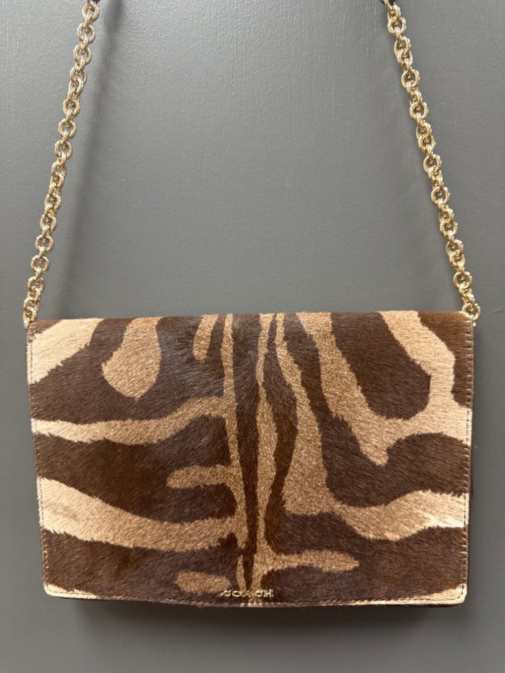 Coach Madison Calf Skin Brown Animal-Print Crossbody with Gold Chain